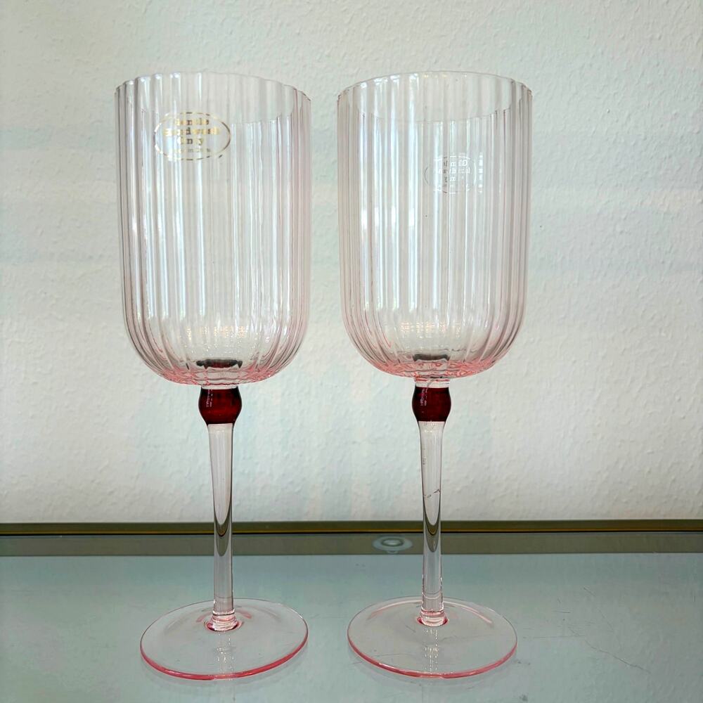 Pink Fluted Wine Glasses with Red Accent Set of 2 Chic Barware 12oz NEW